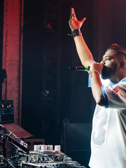 One hand raised, calling for more energy from the crowd. I feed off the vibe they give me.