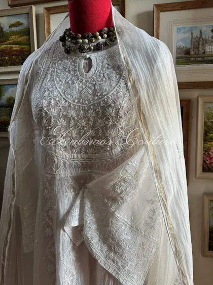 A three-quarter view, showing how the sheer dupatta drapes over the intricately embroidered bodice.