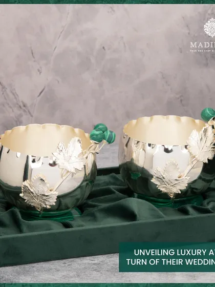 A pair of bowls from the Silvered Malachite Collection. Each piece is a shimmering chapter in a wedding tale or corporate journey, radiating elegance at every turn.