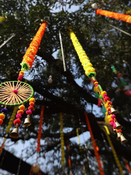 We love using natural elements in our decor. Here, we've decorated a large tree with colorful hangings, dreamcatchers, and bells, turning it into a beautiful part of the Haldi celebration.