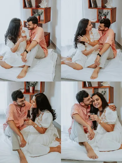 A four-image collage showing the couple's sweet and playful moments, from sharing wine to tender kisses, during their indoor shoot.