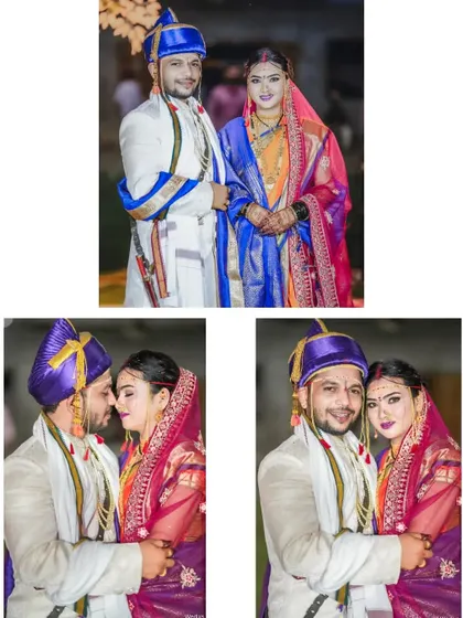 A collection of three portraits from a wedding, showcasing the couple's formal and romantic poses in their beautiful attire.