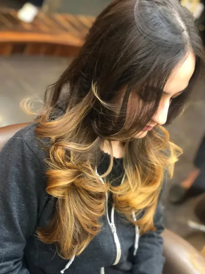 A profile view of the golden ombre, perfect for adding brightness around the face.