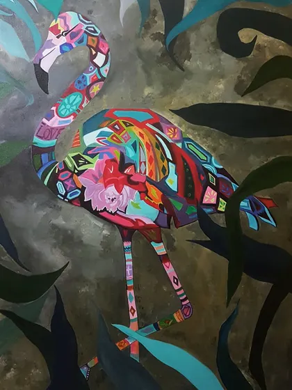 This colorful flamingo canvas is an example of my doodle-inspired style. I filled the bird's silhouette with intricate patterns, flowers, and even the word "LOVE".