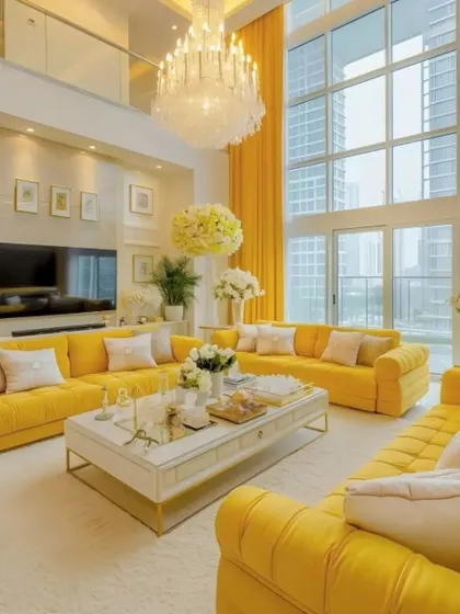 A luxurious, sun-drenched living room in a high-rise apartment, featuring bold yellow sofas that make a statement. The grand chandelier and large windows create a bright, airy, and opulent space perfect for entertaining.