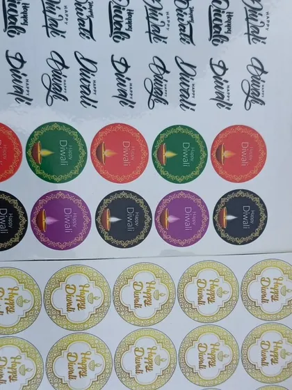 I offer festive sticker sheets, like these "Happy Diwali" labels. They are an easy way to add a seasonal touch to your product packaging.