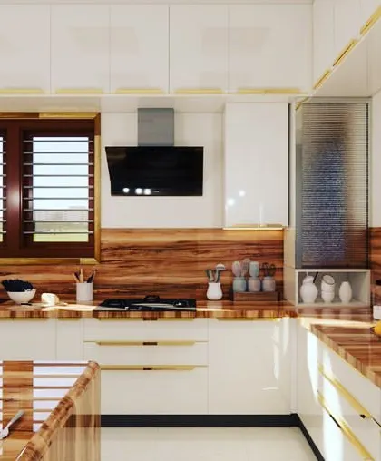 This modern island kitchen is all about luxury and functionality. I used high-gloss white cabinets to create a bright, spacious feel, contrasted with rich wood textures for warmth. The island serves as both a breakfast counter and an extra workspace, making it the true heart of this home.