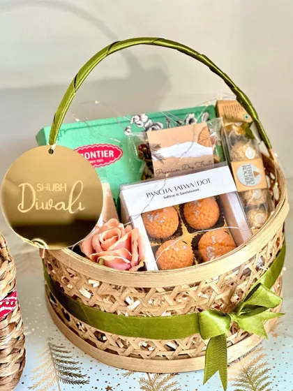A still shot of the bamboo basket Diwali hamper, perfect for a traditional yet elegant gift.
