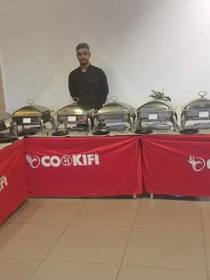 An extensive buffet line for a house party, demonstrating our capacity to cater for large private gatherings.