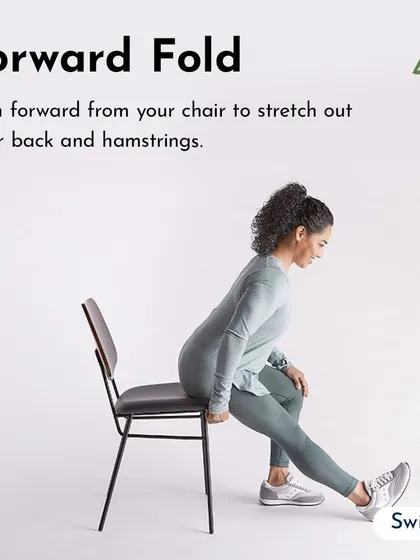 Long hours at a desk can lead to stiffness and pain. This simple forward fold using a chair can help stretch your lower back and hamstrings right at your workspace.