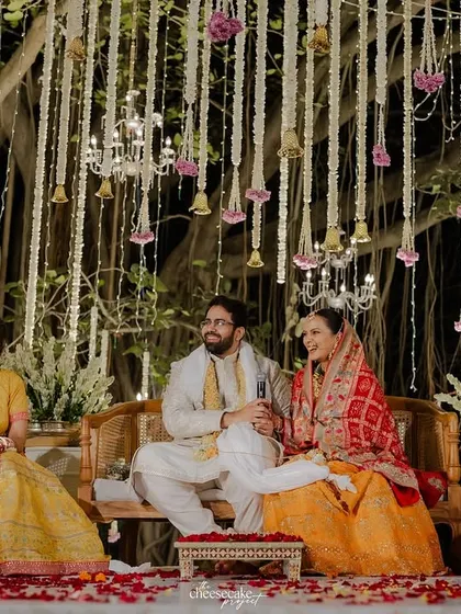 A happy family scene during the wedding ceremony, full of smiles and laughter.