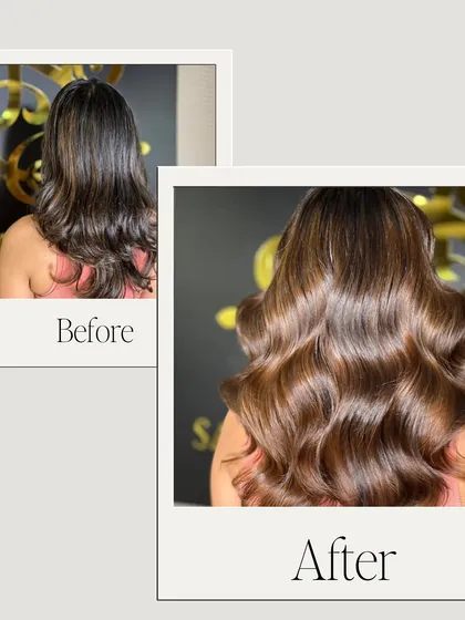 This is what we call a glow-up. We took this client's hair from a simple 'before' to a rich, glossy 'after' with a rich brown balayage and Hollywood waves. The shine and health of the hair are just as important as the style.