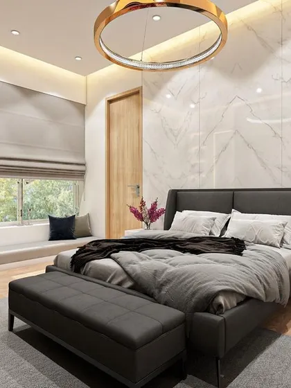 A serene view of the daughter's bedroom, highlighting the large window with a cozy seating nook, perfect for reading or enjoying the view.