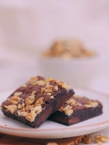 Another shot of the Walnut Brownie, with a soft focus that emphasizes its rich, comforting appeal.