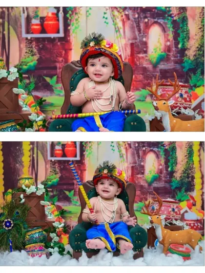 A two-photo collage of a smiling baby Krishna. Seated on a miniature throne, he holds his flute, looking joyful and mischievous in this delightful cultural photoshoot.