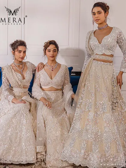 A closer look at the ivory lehenga from the 'Ruvaah' collection, highlighting the exquisite hand embroidery and craftsmanship that defines each piece.