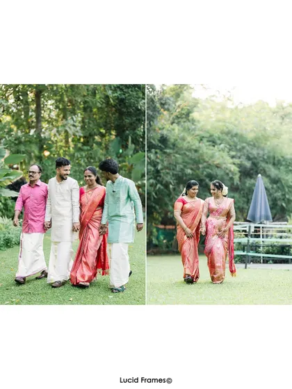 The couple walking with their parents, a beautiful moment showing the joining of two families.