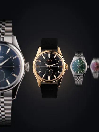 A creative group shot of the Argos collection. Using depth of field, I focused on the central black and gold model while letting the others fade into the background, creating a sense of a larger family of watches.