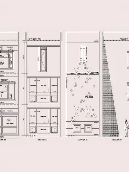 Detailed architectural elevations for a courtyard house. These technical drawings are crucial for communicating the design's intent, showing features like bay windows, skylights, and a climbing wall that are all designed to enhance the home's connection to light and nature.