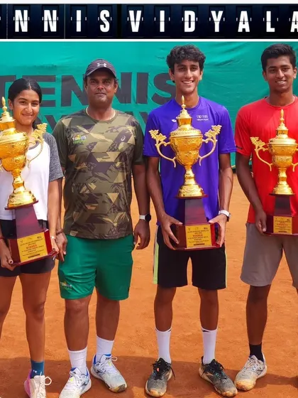 A triumphant photo with coach Ankit Patel and fellow champion Tamanna Takoria after both won singles titles at the AITA Super Series tournament hosted at our academy.