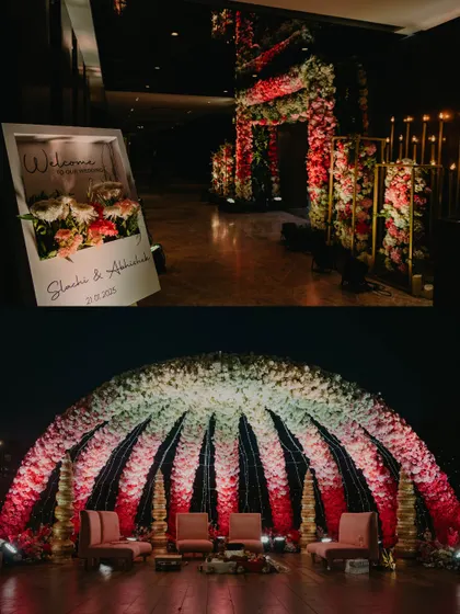 A glimpse into a complete wedding design, from the candlelit floral entrance to the magnificent domed stage. The consistent red, pink, and white color scheme ties the entire event together beautifully.