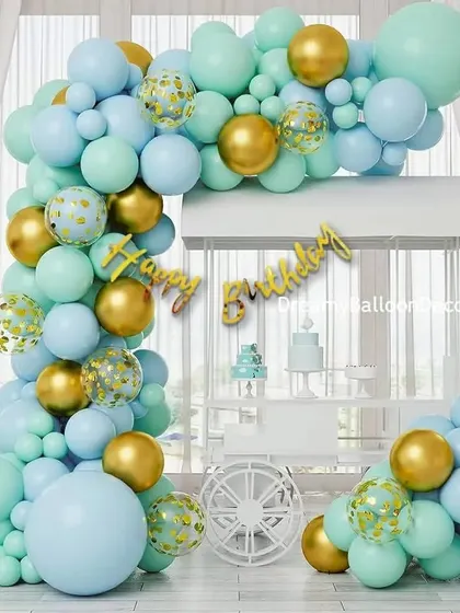 A beautiful and elegant balloon arch perfect for a first birthday party. I used a mix of pastel blue, mint green, and gold chrome balloons, along with confetti balloons and a "Happy Birthday" foil sign.