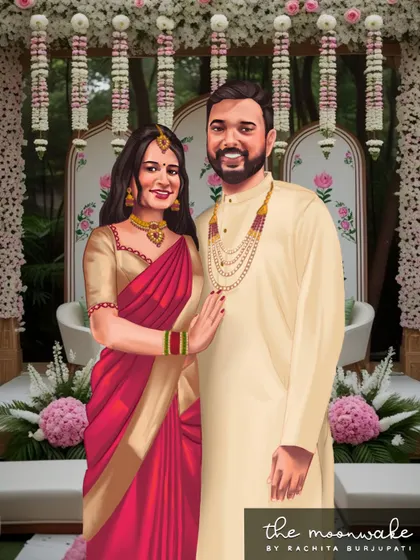 Here, I placed the illustrated couple against a real photo of their wedding decor. This shows how we can blend illustration with reality to create a unique 'Save the Date' or thank you card.