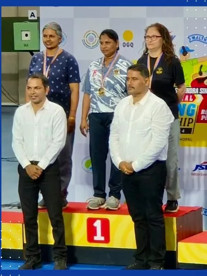 Our coach Manika on the podium after her bronze medal win in the 10M Air Pistol event at the 22nd KSS National Shooting Championship.