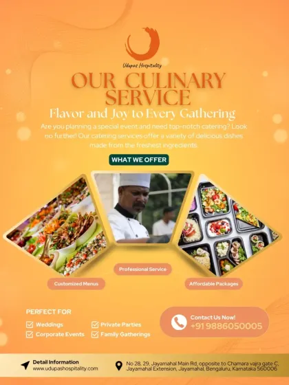 Our culinary service brings flavor and joy to every gathering. This graphic highlights our offerings, including customized menus, professional service, and affordable packages for all types of events.