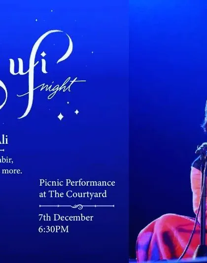 A poster from a Sufi night with the incredible Mukhtiar Ali. Accompanying Sufi music is a spiritual experience, where the rhythm aims to elevate the poetry of masters like Kabir and Bulleh Shah.