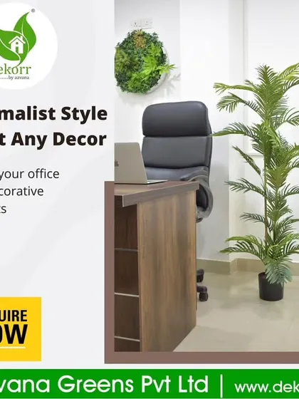 My minimalist style products can fit any decor. This image shows how I can design your office with decorative products like artificial plants and small vertical gardens to create a clean and modern look.