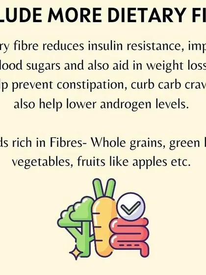 Including more dietary fiber from whole grains and leafy vegetables is key for PCOS. It helps reduce insulin resistance, aids in weight loss, and can even lower androgen levels.
