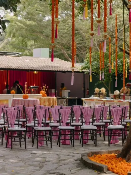 The guest seating and bar area for the vibrant Haldi celebration.