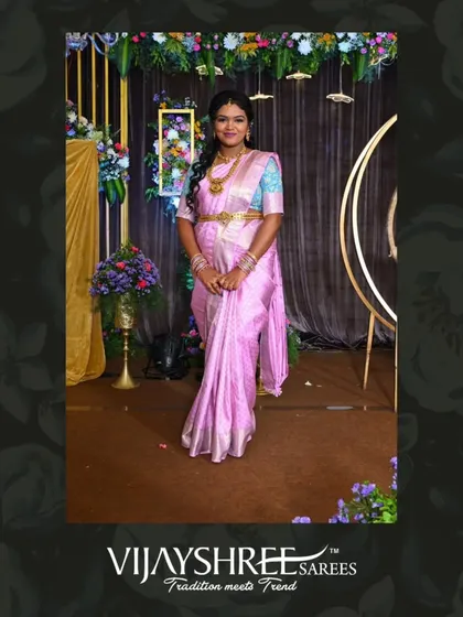 For another event, Jhanavi chose a delicate lavender Kanjivaram, showcasing the range of colors available in our collection.