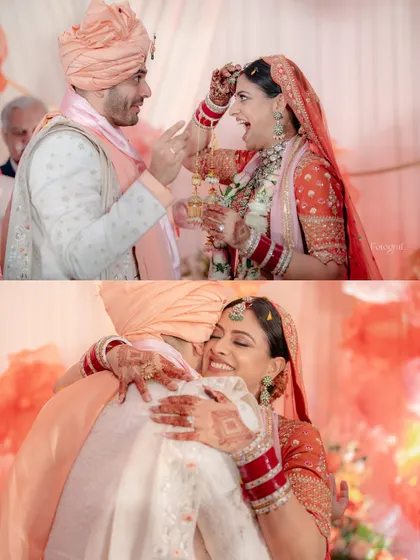 Two beautiful moments captured: the groom placing the mangalsutra and the couple sharing a warm hug after the ceremony.
