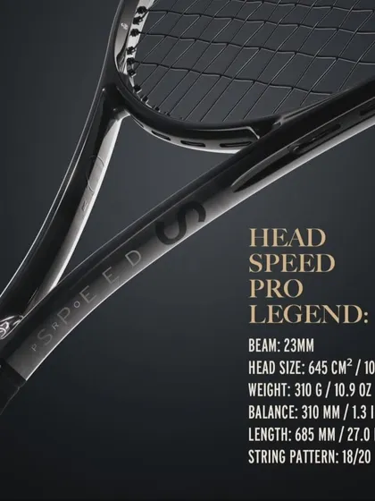 Here are the technical specifications for the Head Speed Pro Legend. With a 310g weight and an 18/20 string pattern, this model is engineered for experienced players who generate their own power and need maximum control.