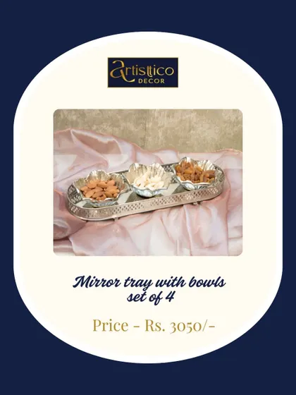 This mirror tray with a set of four floral bowls is perfect for serving nuts and snacks to guests. The nickel finish gives it a sophisticated look, ideal for wedding hospitality.