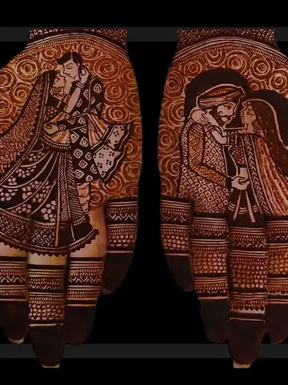 Two different couple poses captured in henna. One hand shows a playful moment, while the other features a more intimate pose, showcasing the versatility of portrait mehendi.