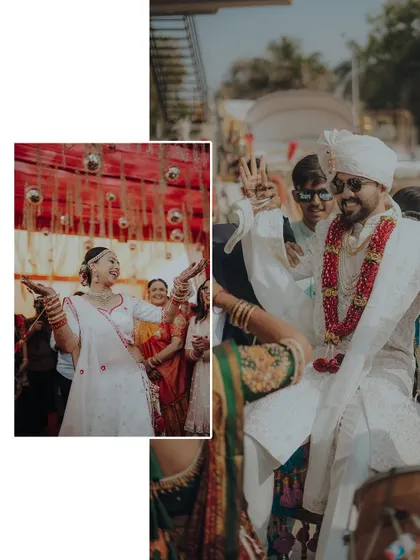 A collage capturing the bride's joyful dance and the groom's happy arrival, showcasing the energy and excitement of the wedding day.