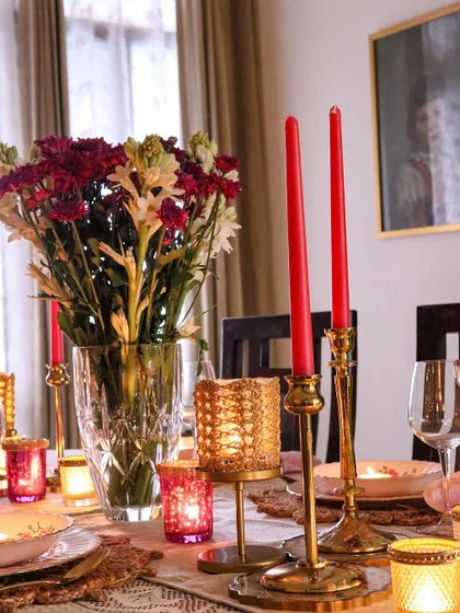 Another view of the Diwali table, with red candles adding a pop of traditional colour.