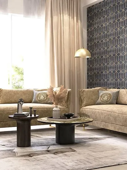 For our Mapsko, Gurgaon project, we designed this chic lounge with luxurious textures. The geometric wallpaper and metallic wall art create a contemporary backdrop for the comfortable chaise lounges.