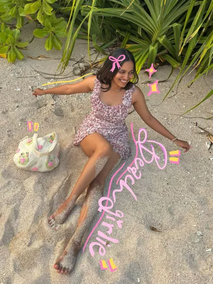 A beach girlie moment. The text and bow doodles perfectly capture the coquette, beachy vibe.