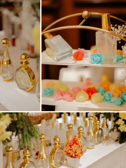 The beautiful setup of an attar bar, another unique detail from a vibrant Haldi ceremony.