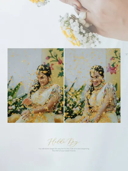 A beautiful album layout from a Haldi ceremony, showing the bride being showered with flower petals.