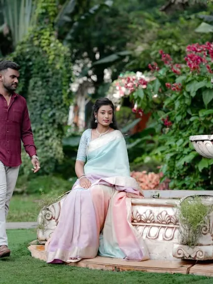 A serene moment by the garden fountain, a classic and elegant backdrop.