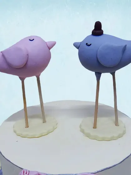 We celebrate a first anniversary with these adorable lovebirds. Two sweet bird figures, one pink and one blue, stand atop a simple cake adorned with a heart of roses, symbolizing a year of love and partnership.