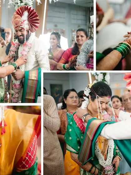 This collage documents the flow of rituals, showing family members participating in the ceremony, from blessing the groom to the couple exchanging vows.