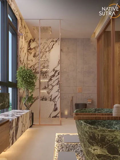 This Zen Luxe bathroom render showcases a statement green marble bathtub and a shower enclosed with rose-gold-finished glass. The design is a masterclass in using luxurious materials to create a serene, spa-like retreat.