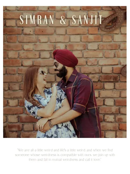 A fun and candid portrait of the couple sharing a laugh against a rustic brick wall. This shot captures their playful personalities and genuine connection.