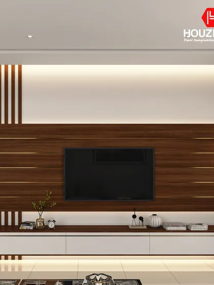 A minimalist TV unit design with a clean, horizontal wood panel and a floating white console. The backlighting creates a soft glow, making it a perfect centerpiece for a modern living room.